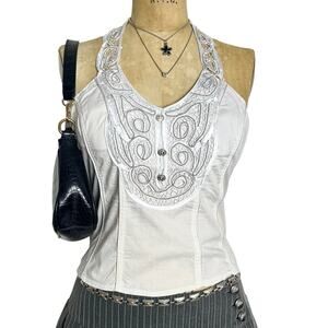 Fairy Whimsy Womens S White Halter Top Decorated Neckline Button up Front Glam